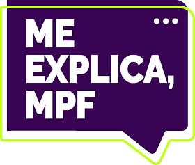 Balão de conversa roxo com reticências na cor branca, no canto superior direito. Centralizado à esquerda está o texto Me explica, MPF. Ao redor deste balão roxo há o traço de um balão de conversa verde.